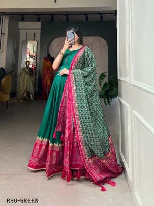 Green Readymade Foil Printed Tussar Silk Gown With Dupatta