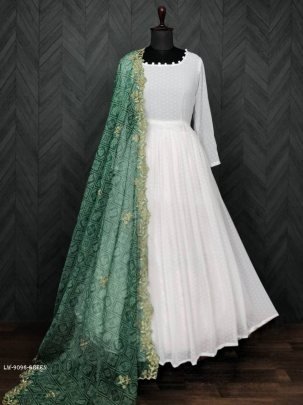 Green Readymade Georgette Butti Gown With Dupatta