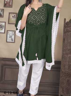 Green Western Style Rayon Printed Kaftan
