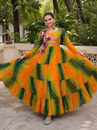Green With Yellow Laheriya Style Navratri Gown