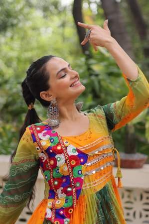 Green With Yellow Laheriya Style Navratri Gown