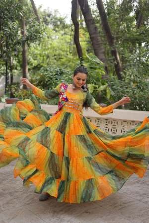 Green With Yellow Laheriya Style Navratri Gown