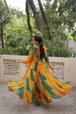 Green With Yellow Laheriya Style Navratri Gown