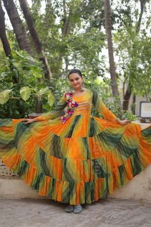 Green With Yellow Laheriya Style Navratri Gown
