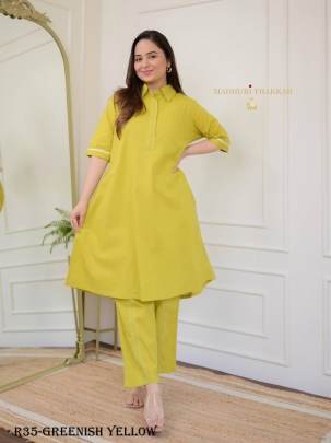 Greenish Yellow Stylish Mul Cotton Coord Set