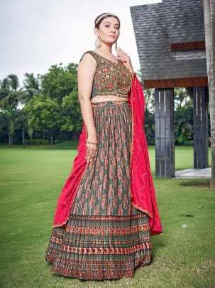 Grey And Rani Digital Printed Party Wear Lehenga