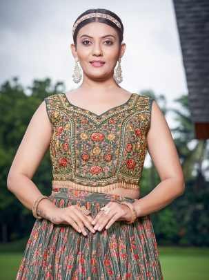 Grey And Rani Digital Printed Party Wear Lehenga