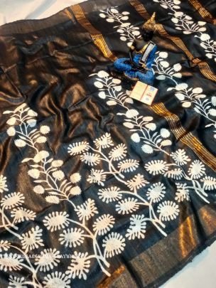 Grey And White Leaf Screen Printed Original Tussar Ghicha Silk Saree