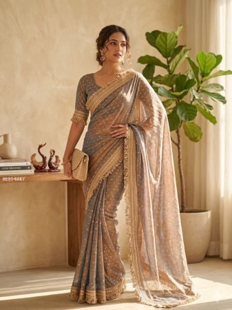 Grey Designer Saree With Elegant Dotted Butti Work 