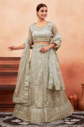 Grey Embroidered Foil Work Net Lehenga Choli