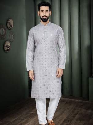 Grey Embroidery Mirror Work Cotton Men Kurta