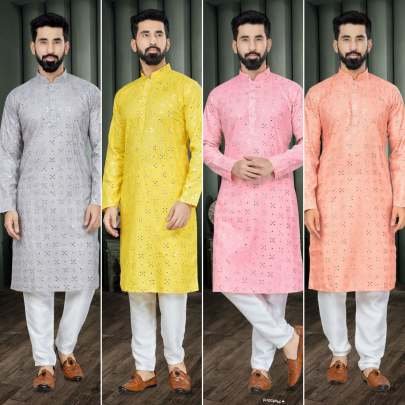 Grey Embroidery Mirror Work Cotton Men Kurta