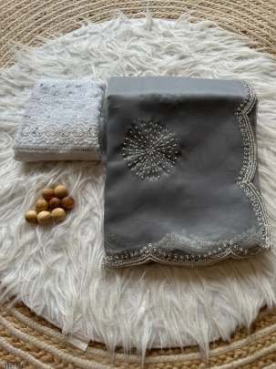 Grey Handwork Organza Saree With Blouse
