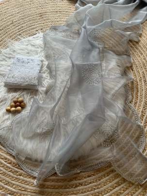 Grey Handwork Organza Saree With Blouse