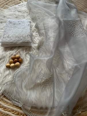 Grey Handwork Organza Saree With Blouse