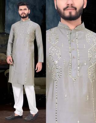 Grey Men Wedding Wear Viscose Kurta With Pajama