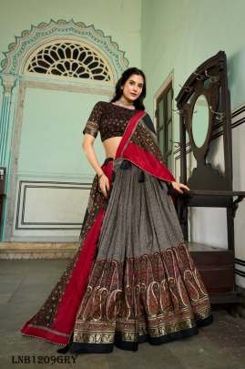 Grey New Arrival Tussar Silk Kashmiri Foil Print Lehenga Choli