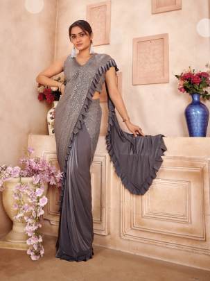 Grey Ready To Wear Saree with Sequence Blouse-108152 F