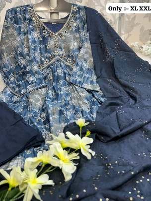 Grey Tie Dye Print Hand Work Pure Muslin And Silk Alia Cut Kurtis