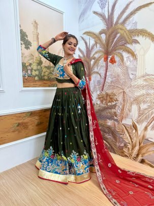 Gujarati Style Green Embroidered Lehenga Choli with 4 Mtr Flair