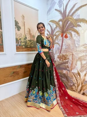 Gujarati Style Green Embroidered Lehenga Choli with 4 Mtr Flair