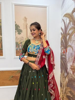 Gujarati Style Green Embroidered Lehenga Choli with 4 Mtr Flair