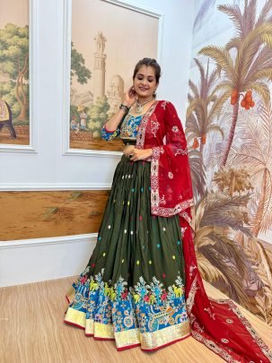 Gujarati Style Green Embroidered Lehenga Choli with 4 Mtr Flair
