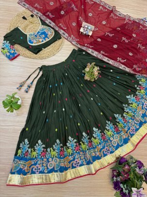 Gujarati Style Green Embroidered Lehenga Choli with 4 Mtr Flair