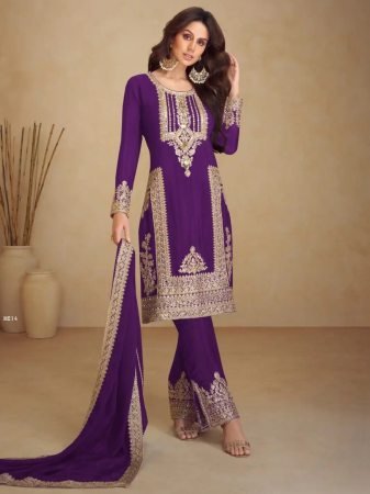 Gulkayra Purple Heavy Chinon Silk Embroidered Palazzo Suit With Dupatta