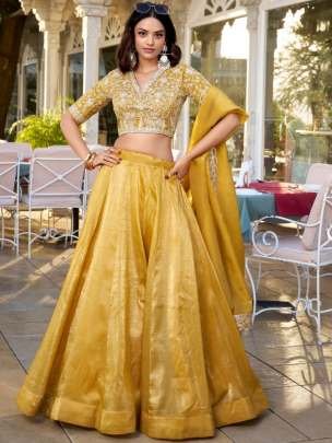 Haldi Ceremony Goldie Fabric Embroidery Work Lehenga Choli Dupatta Set
