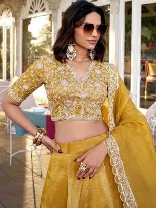 Haldi Ceremony Goldie Fabric Embroidery Work Lehenga Choli Dupatta Set