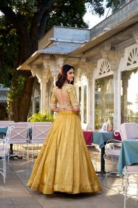 Haldi Ceremony Goldie Fabric Embroidery Work Lehenga Choli Dupatta Set