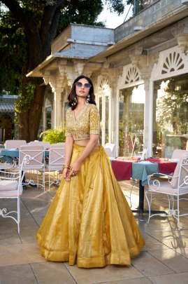 Haldi Ceremony Goldie Fabric Embroidery Work Lehenga Choli Dupatta Set