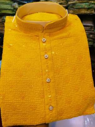 Haldi Rayon Sequence Work Kurta And Pyjama
