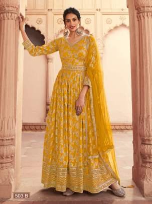 Haldi Special DIF 503 B Yellow Dola Jacquard Gown 