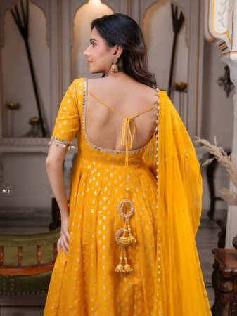 Haldi Special Yellow Chanderi acquard Butti With Embroidery Work Gown