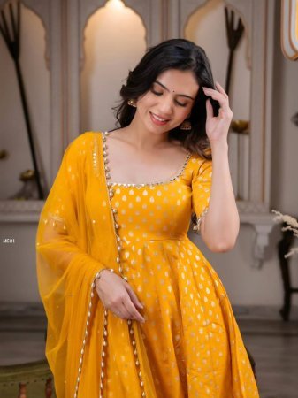 Haldi Special Yellow Chanderi acquard Butti With Embroidery Work Gown