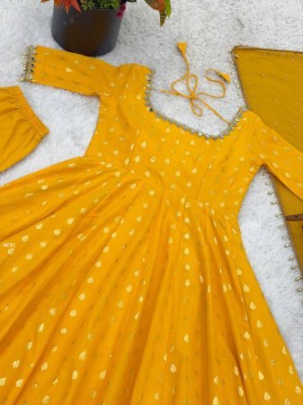 Haldi Special Yellow Chanderi acquard Butti With Embroidery Work Gown