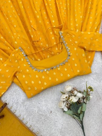 Haldi Special Yellow Chanderi acquard Butti With Embroidery Work Gown