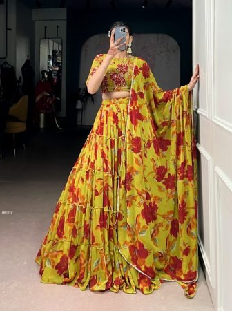 Haldi Special Yellow Marble Floral Print Lehenga Choli 