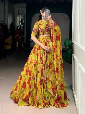 Haldi Special Yellow Marble Floral Print Lehenga Choli