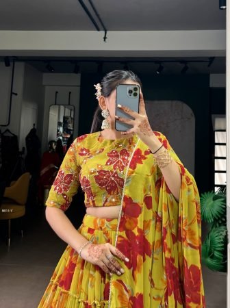 Haldi Special Yellow Marble Floral Print Lehenga Choli