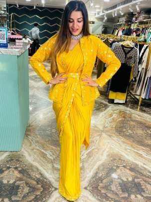 Haldi Wear Bright Yellow Ready To Wear Saree With Jacket