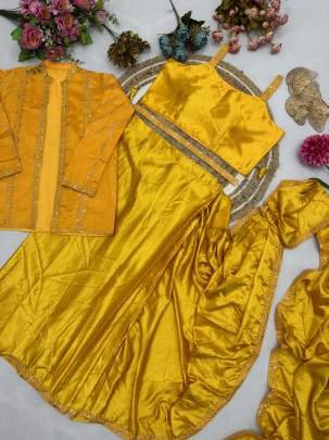 Haldi Wear Bright Yellow Ready To Wear Saree With Jacket