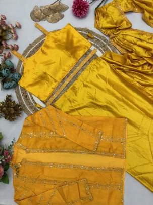 Haldi Wear Bright Yellow Ready To Wear Saree With Jacket