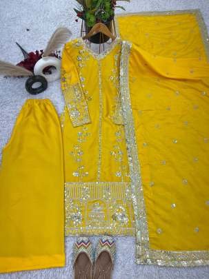 Haldi Wear  Chinon Silk Sequence Work Palazzo Suit