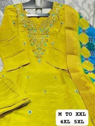 Haldi Wear Pure Muslin Silk Yellow Kurti Pant Dupatta Set
