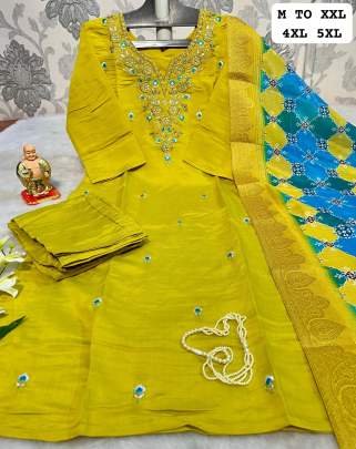 Haldi Wear Pure Muslin Silk Yellow Kurti Pant Dupatta Set