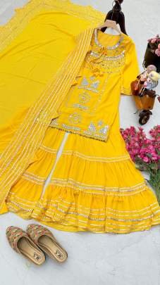 Haldi Wear Real Mirror  Work Palazzo Suit