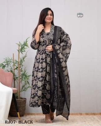 Hand Block Print Black Kurti Pant Dupatta Set